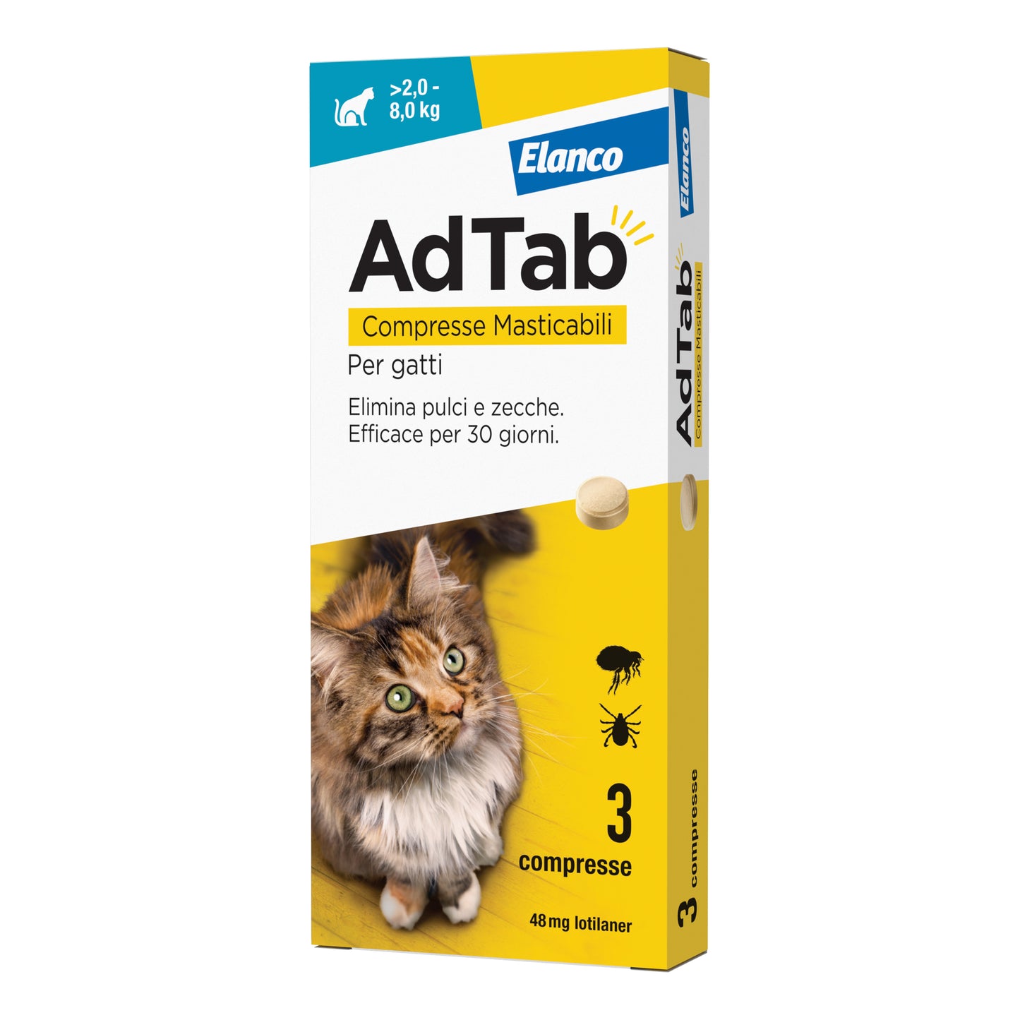 Adtab gatti 2-8kg 3 compresse da 48mg elimina pulci e zecche