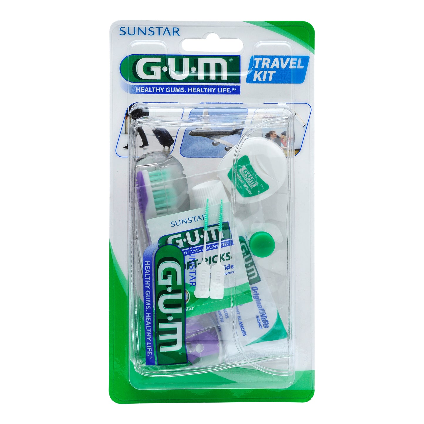 GUM TRAVEL KIT VIAGGIO 1 SPAZZOLINO PIEGHEVOLE GUM TRAVEL + 1 DENTIFRICIO VIAGGIO 12 ML + 1 ROCCHETTO FILO INTERDENTALE 10MT + 2 SCOVOLINI GOMMA GUM SOFT PICKS