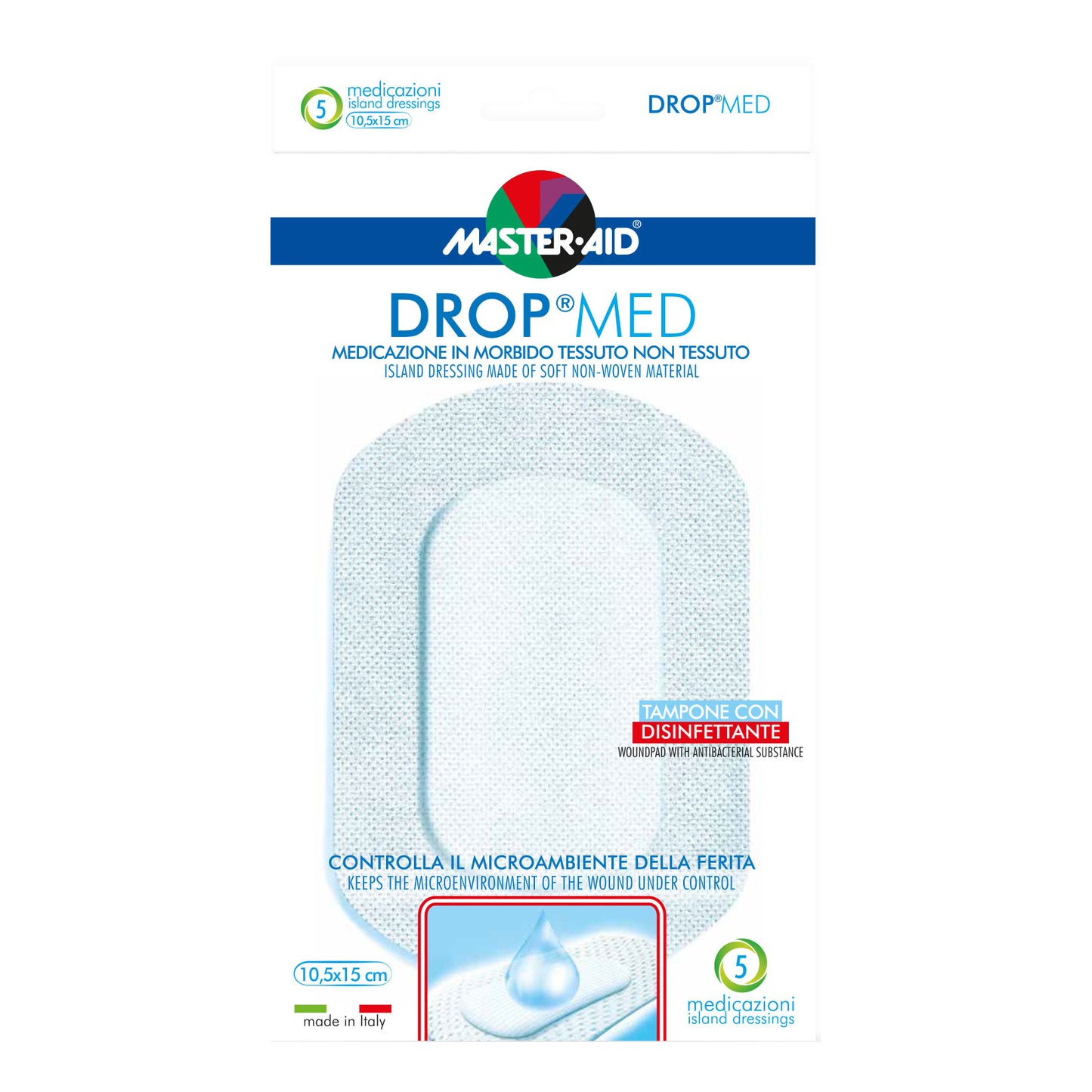 MEDICAZIONE COMPRESSA AUTOADESIVA DERMOATTIVA IPOALLERGENICA AERATA MASTER-AID DROP MED 10,5X15 5 PEZZI