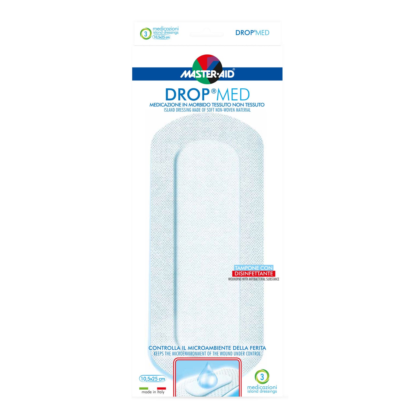 MEDICAZIONE COMPRESSA AUTOADESIVA DERMOATTIVA IPOALLERGENICA AERATA MASTER-AID DROP MED 10,5X25 3 PEZZI