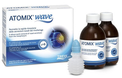 ATOMIX WAVE DISPOSITIVO PER IGIENE RINOFARINGEA ATOMIX SOLUZIONE SALINA 250 ML 2 PEZZI + TERMINALE NASALE + EROGATORE A SOFFIETTO