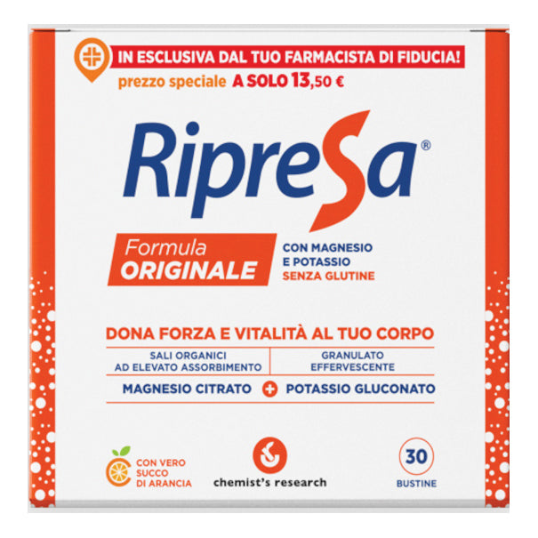 RIPRESA 30BUST 10G INTEGRATORE ALIMENTARE DI MAGNESIO E POTASSIO BUSTINE EFFERVESCENTI UTILE NEGLI STATI DI STANCHEZZA