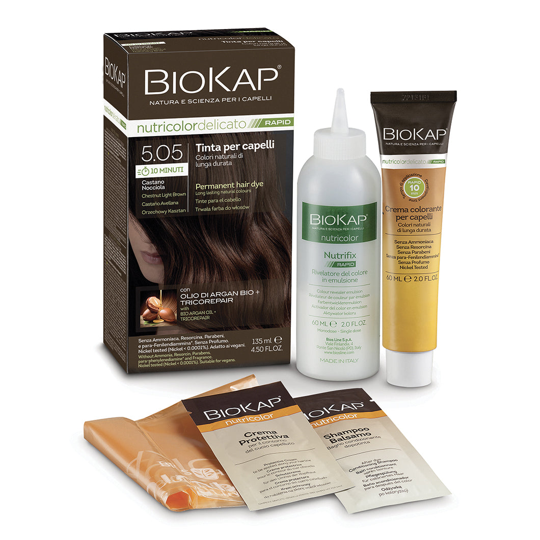 BIOKAP NUTRICOLOR DELICATO RAPID 5,05 CASTANO NOCCIOLA TINTA TUBO+FLACONE 135 ML BIOSLINE
