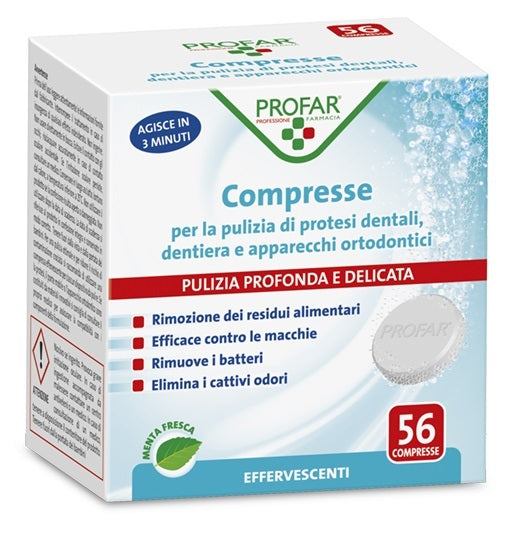 PROFAR COMPRESSE PULIZIA PROTESI DENTALI-DENTIERA-APPARECCHI ORTODONTICI 56 PEZZI