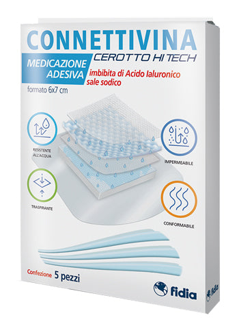 Connettivina Cerotto Hi Tech 6x7cm 5 cerotti adesivi imbevuti di Acido Ialuronico per ferite o abrasioni