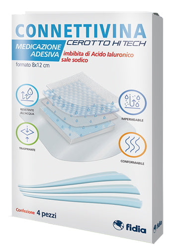 Connettivina Cerotto Hi Tech 8x12cm 4 cerotti adesivi imbevuti di Acido Ialuronico per ferite o abrasioni