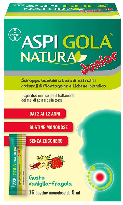 Aspi Gola Natura Junior sciroppo bambini con estratti naturali 16 Bustine monodose 5ml Vaniglia e Fragola