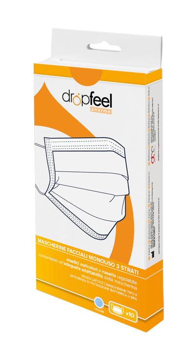 MASCHERINA USO MEDICO DROPFEEL PHARMA MONOUSO TIPO II AZZURRA ASTUCCIO ARANCIONE 10 PEZZI