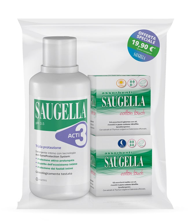 Saugella Acti3 detergente Intimo 500 ml+ 2 scatole assorbenti notte e giorno
