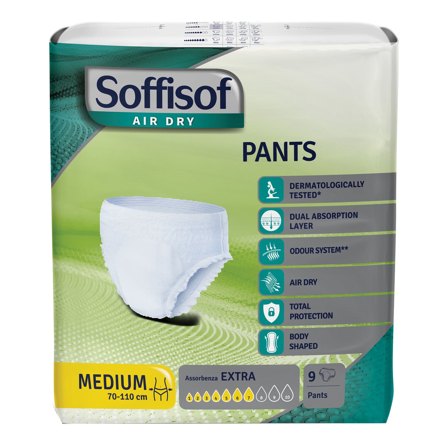 PANNOLONE PER INCONTINENZA SOFFISOF AIR DRY PANTS EXTRA MEDIUM 9 PEZZI
