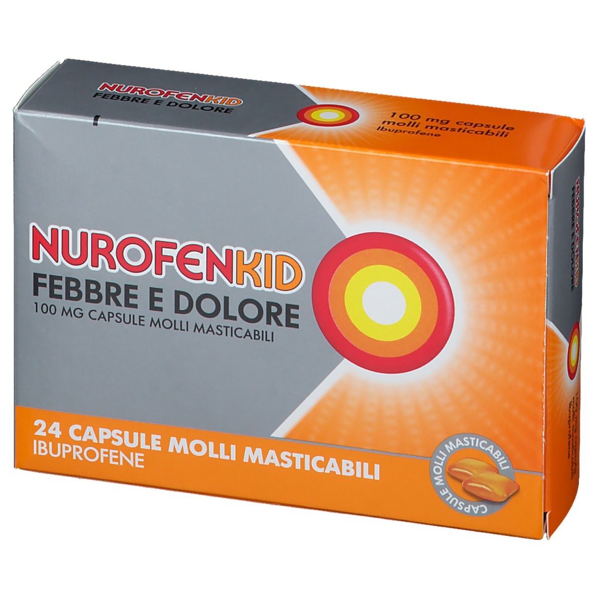 NurofenKid Febbre e Dolore 24 capsule molli masticabili 100mg di ibuprofene
