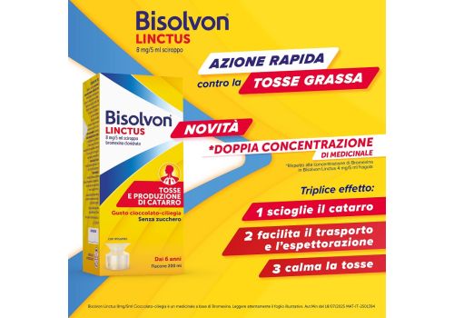 Bisolvon Linctus 8mg/5ml mucolitico per catarro e tosse grassa gusto cioccolato e ciliegia sciroppo 200ml
