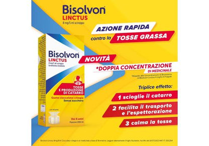 Bisolvon Linctus 8mg/5ml mucolitico per catarro e tosse grassa gusto cioccolato e ciliegia sciroppo 200ml