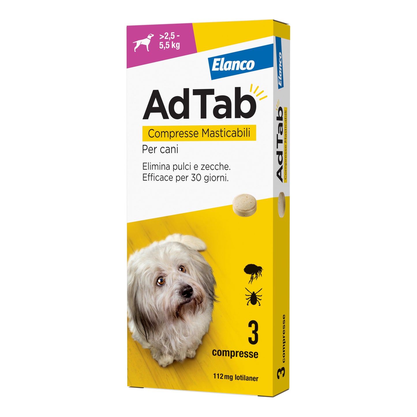 Adtab cani 2,5-5,5 kg 3 compresse da 112mg elimina pulci e zecche