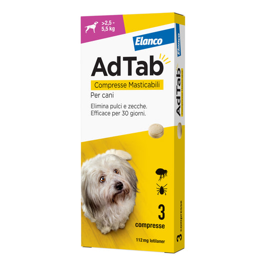 Adtab cani 2,5-5,5 kg 3 compresse da 112mg elimina pulci e zecche
