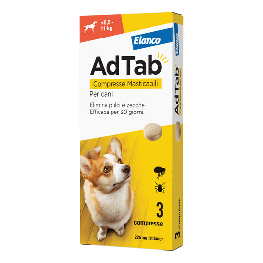 Adtab cani 5,5-11 kg 3 compresse da 225mg elimina pulci e zecche