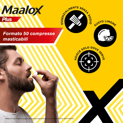 Maalox Plus Antiacido 50 compresse masticabili per gonfiore e bruciore di stomaco