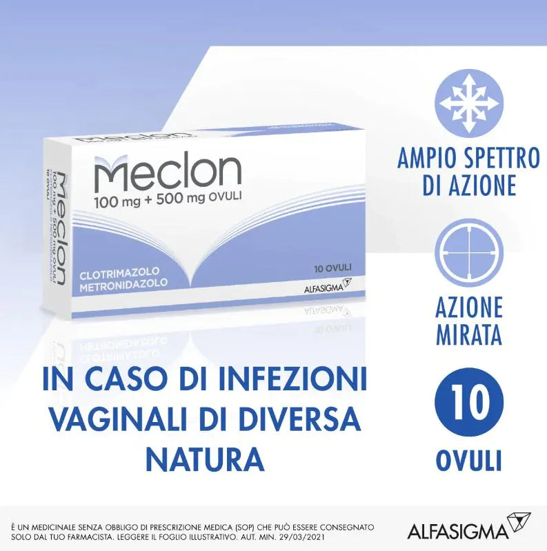 Meclon ovuli vaginali 10 ovuli da 100mg+500mg Trattamento contro le infezioni vaginali da candida o batteri