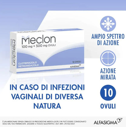 Meclon ovuli vaginali 10 ovuli da 100mg+500mg Trattamento contro le infezioni vaginali da candida o batteri