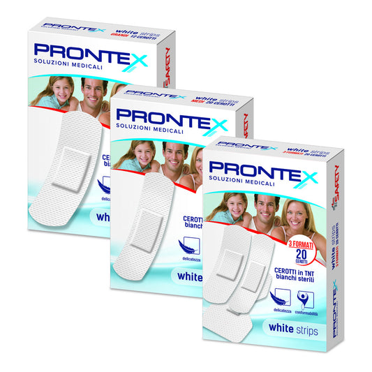 CEROTTO PRONTEX WHITE STRIPS IN TESSUTO NON TESSUTO BIANCO STERILE SCATOLA 20 CEROTTI MEDI