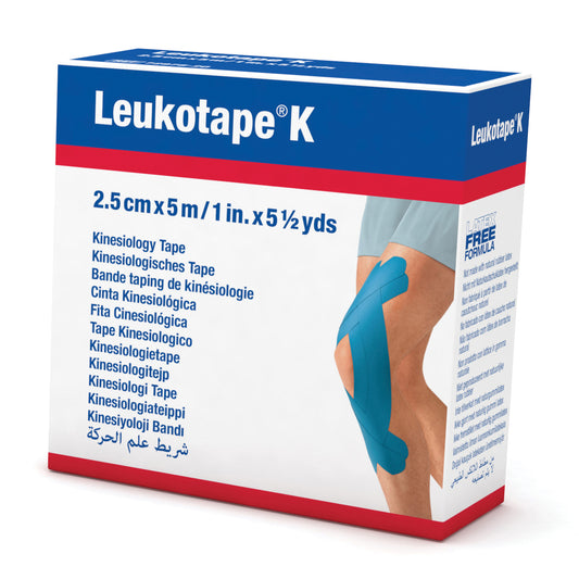 BENDA ADESIVA LEUKOTAPE K PER TAPING FISIOTERAPICO LARGHEZZA 2,5 CM LUNGHEZZA 5 M COLORE BLU IN ROTOLO
