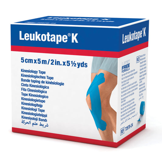 BENDA ADESIVA LEUKOTAPE K PER TAPING FISIOTERAPICO LARGHEZZA 5 CM LUNGHEZZA 5 M COLORE AZZURRO IN ROTOLO