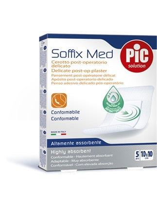 CEROTTO PIC SOFFIX MED IN TNT CON TAMPONE CENTRALE ASSORBENTE STERILE MONOUSO 10X10 CM ANTIBATTERICO 5 PEZZI