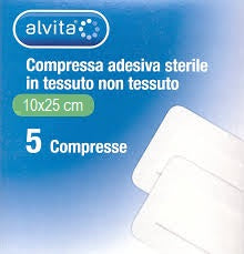 ALVITA GARZA COMPRESSA ADESIVA STERILE IN TESSUTO NON TESSUTO ESTENSIBILE BIANCO 10X25CM 5 PEZZI