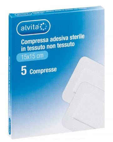 ALVITA GARZA COMPRESSA ADESIVA STERILE IN TESSUTO NON TESSUTO ESTENSIBILE BIANCO 15X15CM 5 PEZZI