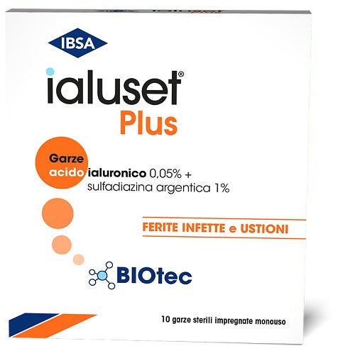 GARZA IALUSET PLUS IMPREGNATA DI CREMA DI ACIDO IALURONICO 0,05%, DI SULFADIAZINA ARGENTICA 1%, MACROGOL, GLICEROLO E ACQUA 10 X 10 CM 10 PEZZI