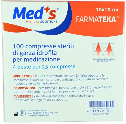 GARZA COMPRESSA IDROFILA MEDS FARMATEXA 2/8 10X10CM 100 PEZZI