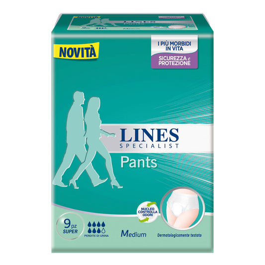 LINES SPECIALIST PANTS SUPER M X 9 PANNOLONE MUTANDINA INDOSSABILE COME NORMALE BIANCHERIA TIPO PULL-ON