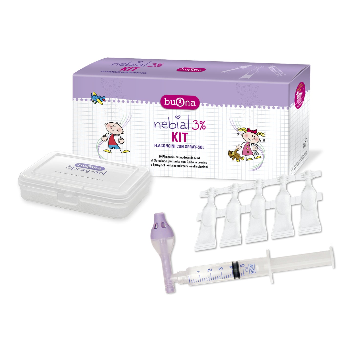 KIT NEBIAL 3% 20 FLACONCINI MONODOSE DA 5 ML + KIT CONTENENTE SPRAY-SOL PEDIATRICO E SIRINGA