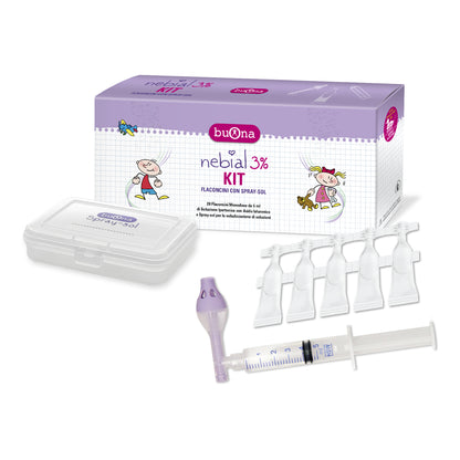 KIT NEBIAL 3% 20 FLACONCINI MONODOSE DA 5 ML + KIT CONTENENTE SPRAY-SOL PEDIATRICO E SIRINGA
