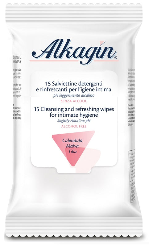 ALKAGIN SALVIETTINE DETERGENTI E RINFRESCANTI PER L'IGIENE INTIMA PH LEGGERMENTE ALCALINO SENZA ALCOOL 15 PEZZI CALENDULA MALVA E TILIA