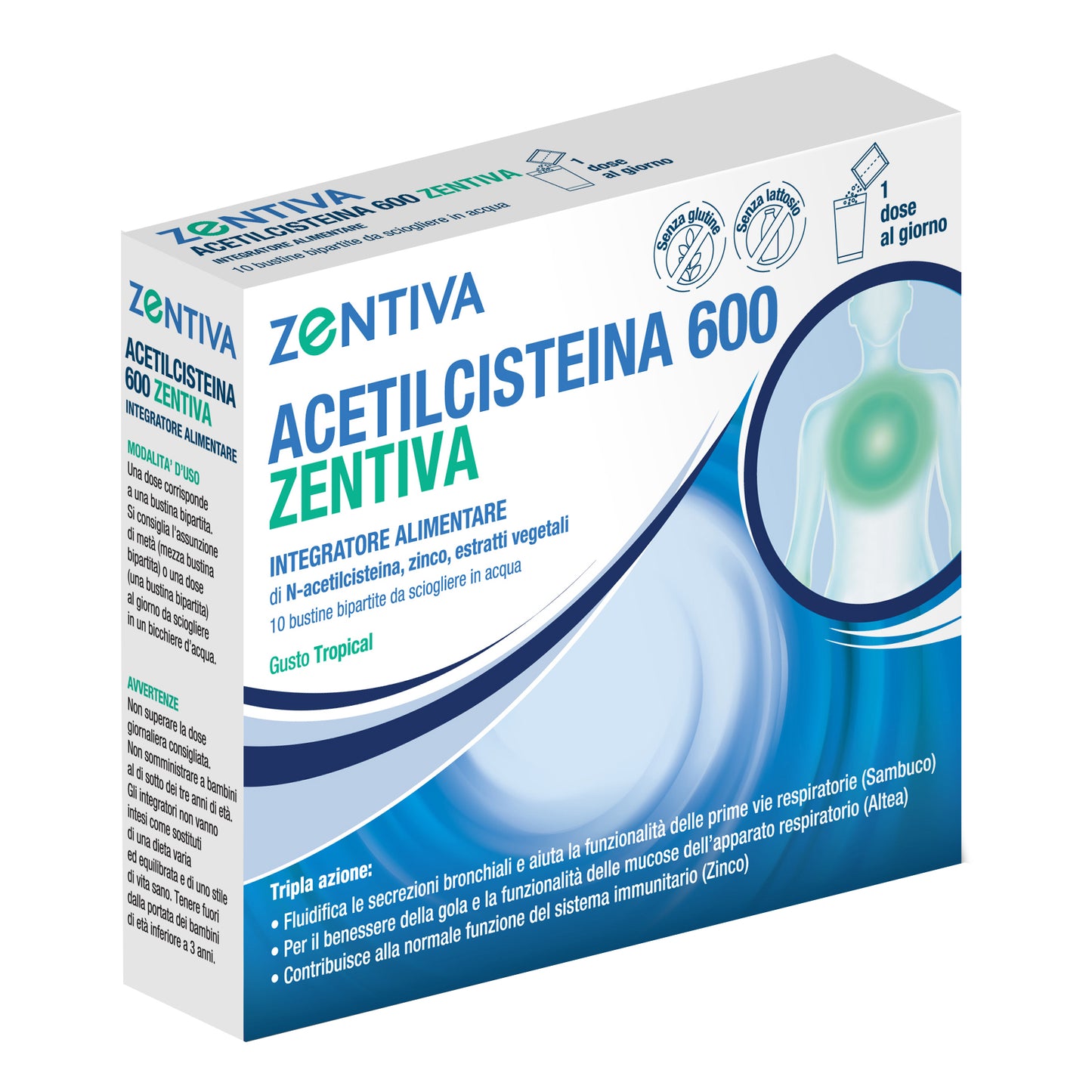 ACETILCISTEINA 600 ZENTIVA 10 BUSTINE BIPARTITE GUSTO TROPICAL