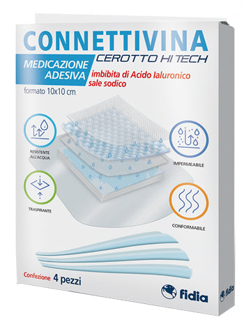 Connettivina Cerotto Hi Tech 10x10 cm  4 cerotti adesivi imbevuti di Acido Ialuronico per ferite o abrasioni