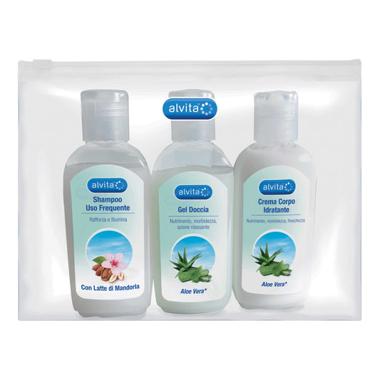 ALVITA KIT VIAGGIO BODY CARE 1 GEL DOCCIA ALOE VERA 75 ML + 1 CREMA CORPO IDRATANTE ALOE 75 ML + 1 SHAMPOO USO FREQUENTE 75 ML