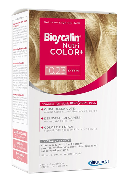 BIOSCALIN NUTRICOLOR PLUS 10,23 SABBIA CREMA COLORANTE 40 ML + RIVELATORE CREMA 60 ML + SHAMPOO 12 ML + TRATTAMENTO FINALE BALSAMO 12 ML