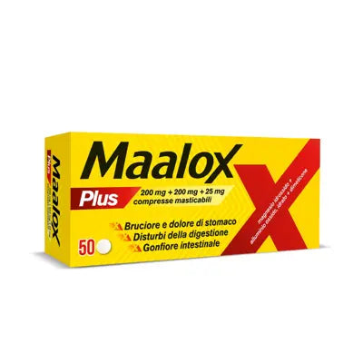 Maalox Plus Antiacido 50 compresse masticabili per gonfiore e bruciore di stomaco